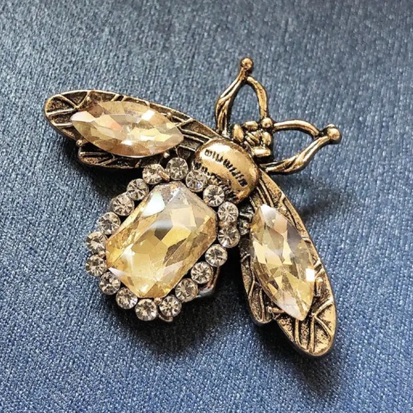 Vintage Boho Style Square Cut Yellow Sapphire Bee Inserts Brooch Pin Elegant - Picture 1 of 5